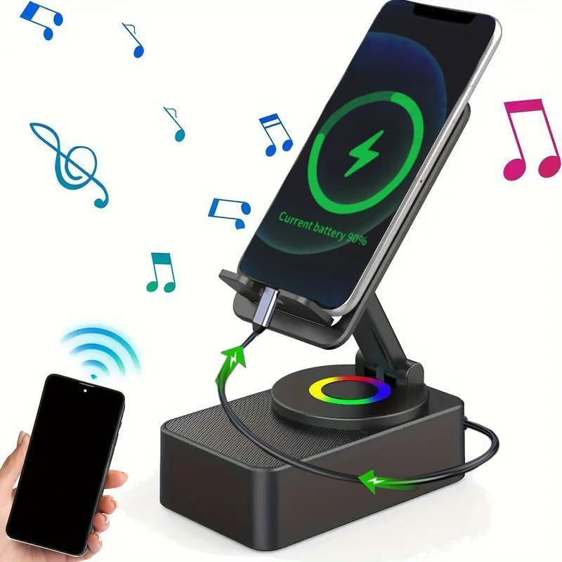 Wireless Audio Bluetooth Speaker 5In1 Phone Holder Emergency Rechargeable Withcolorful Ambient Light 300° Foldable for Tablet Iphone Android, Gifts for Men Women ,Black