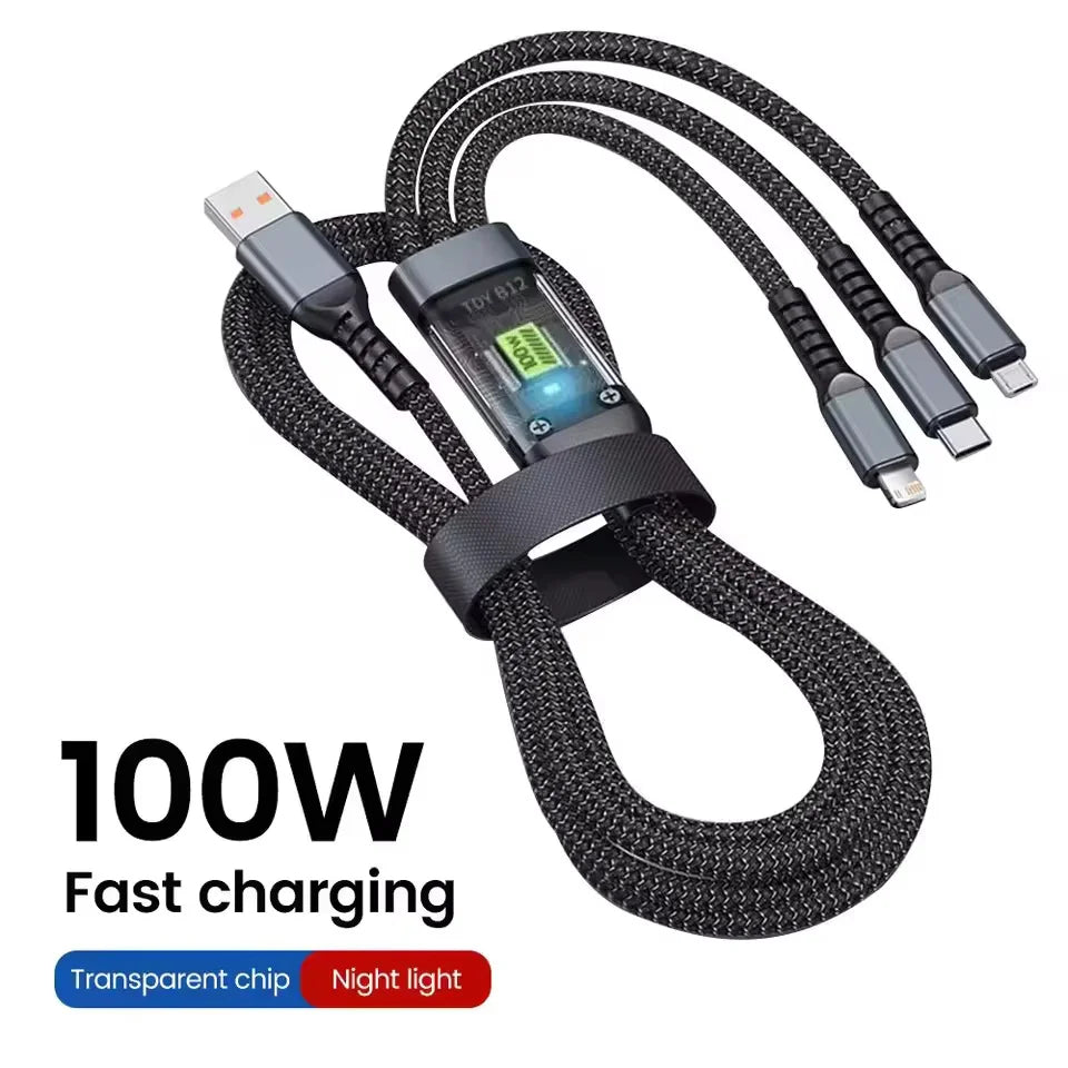 3 in 1 100W Transparent Super Fast Charging Cable Universal with Type C Usb Micro for Iphone Samsung Huawei Xiaomi 6A