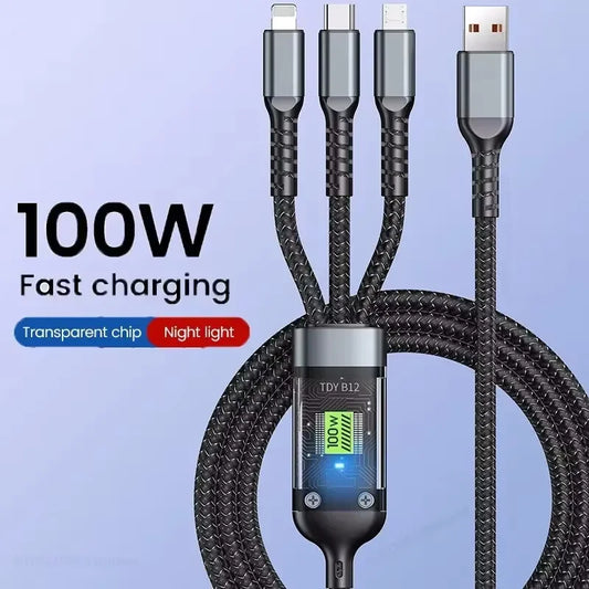 3 in 1 100W Transparent Super Fast Charging Cable Universal with Type C Usb Micro for Iphone Samsung Huawei Xiaomi 6A