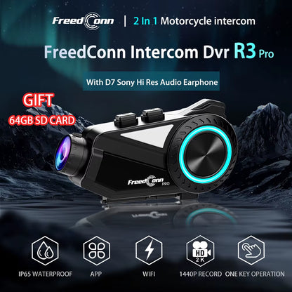 R3 Pro Motorcycle Bluetooth Intercom - Helmet Headset with Camera & App Control