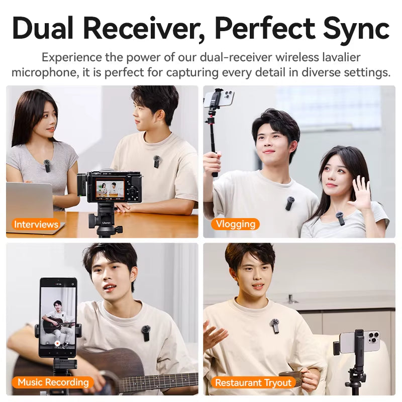 Ulanzi A100 Wireless Microphone - Dual Lavalier Mic Set for Iphone & Android, Real Time Noise Cancelling & LED Display