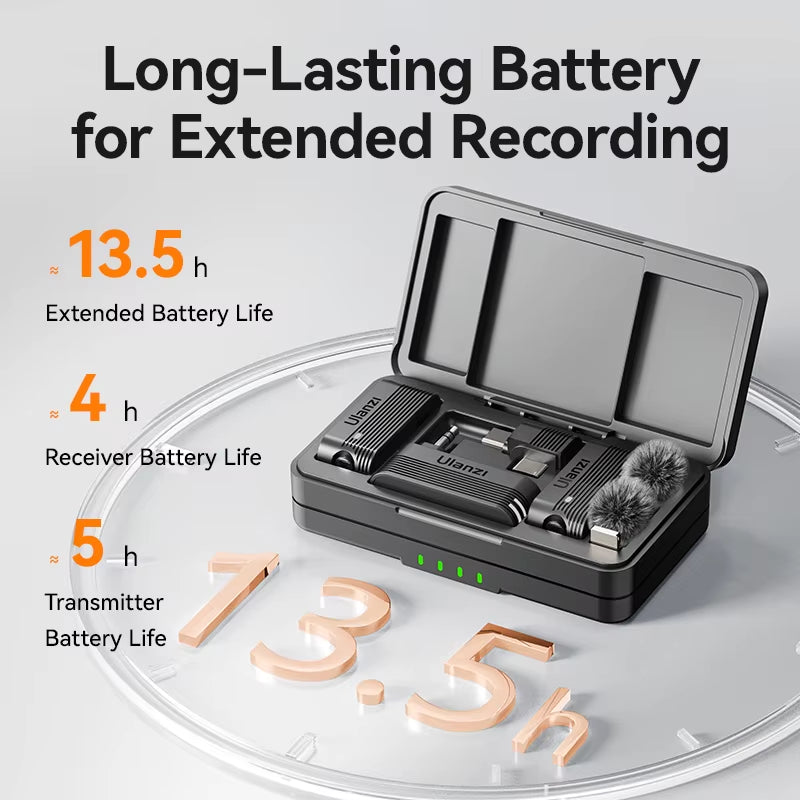 Ulanzi A100 Wireless Microphone - Dual Lavalier Mic Set for Iphone & Android, Real Time Noise Cancelling & LED Display