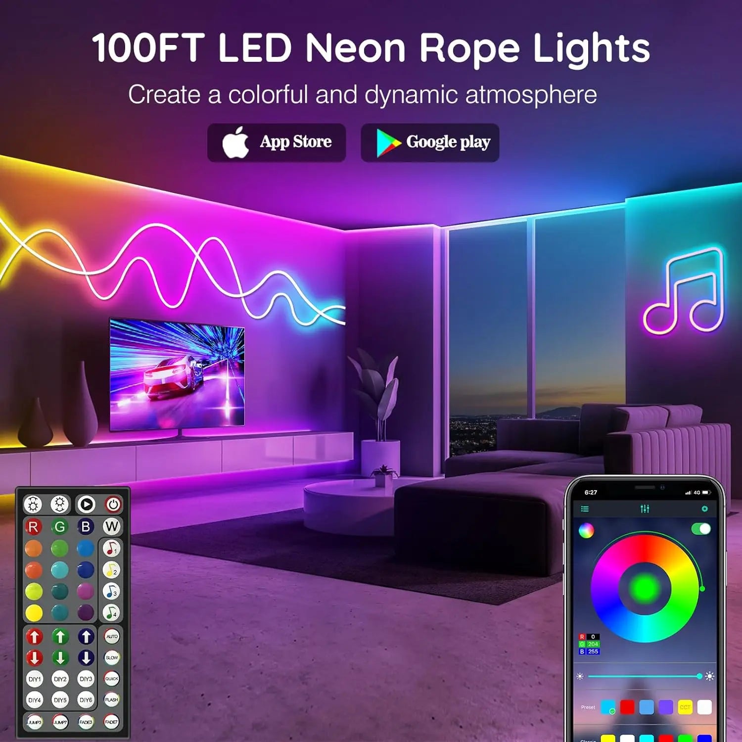 Neon Rope Lights,Flexible Led Rope Lights Control with App/Remote,Multiple Modes Rope Lights,Ip65 Outdoor RGB Led Neon Lights Wa