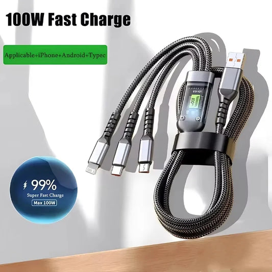 3 in 1 100W Transparent Super Fast Charging Cable Universal with Type C Usb Micro for Iphone Samsung Huawei Xiaomi 6A