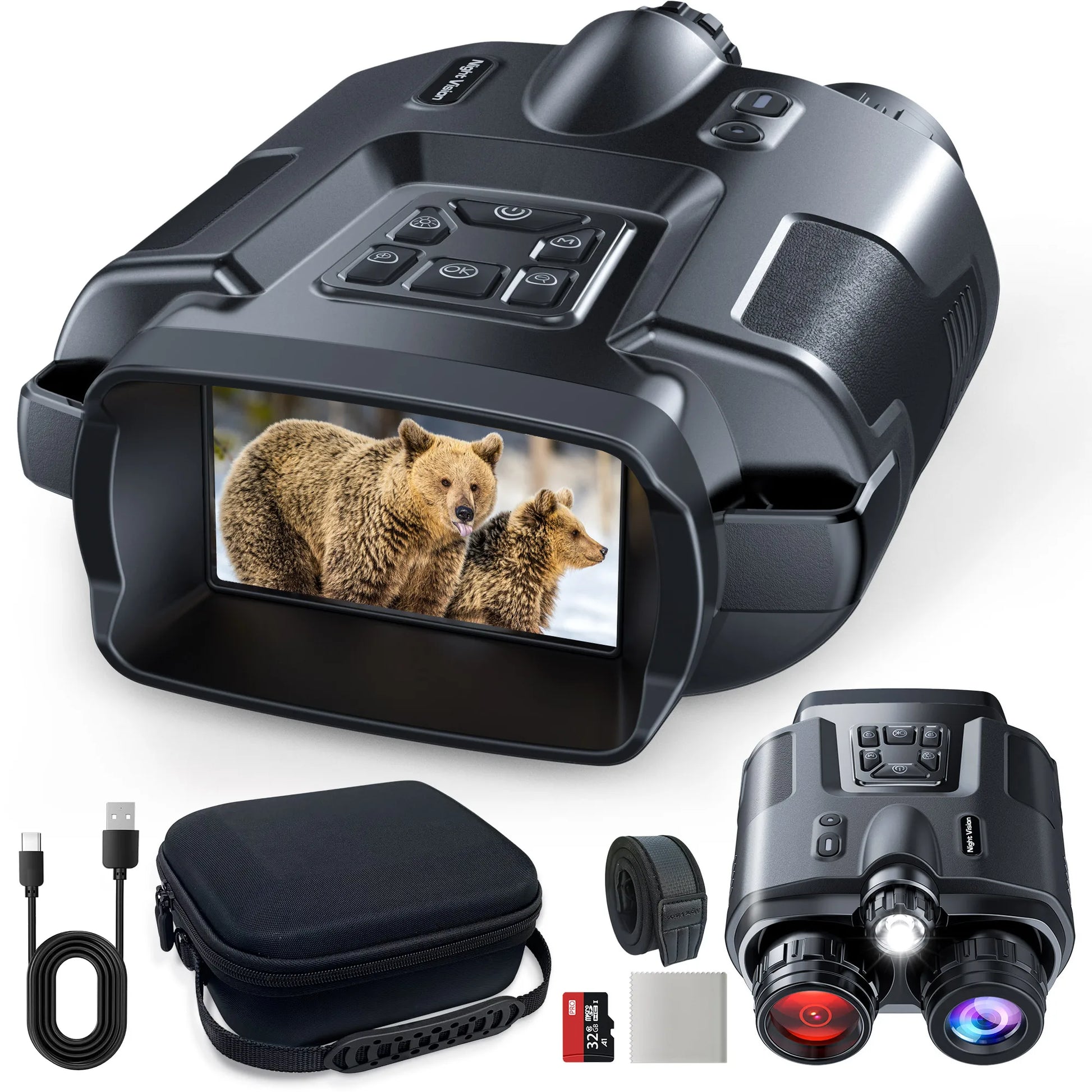 4K Night Vision Binoculars With 3Inch Screen & 8X Digital Zoom with Tactical Light