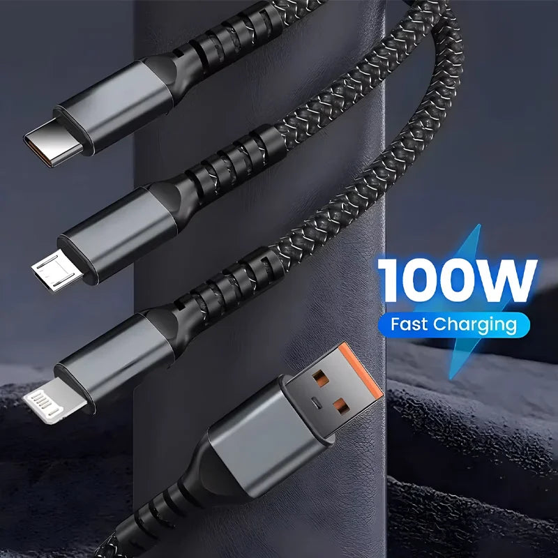 3 in 1 100W Transparent Super Fast Charging Cable Universal with Type C Usb Micro for Iphone Samsung Huawei Xiaomi 6A