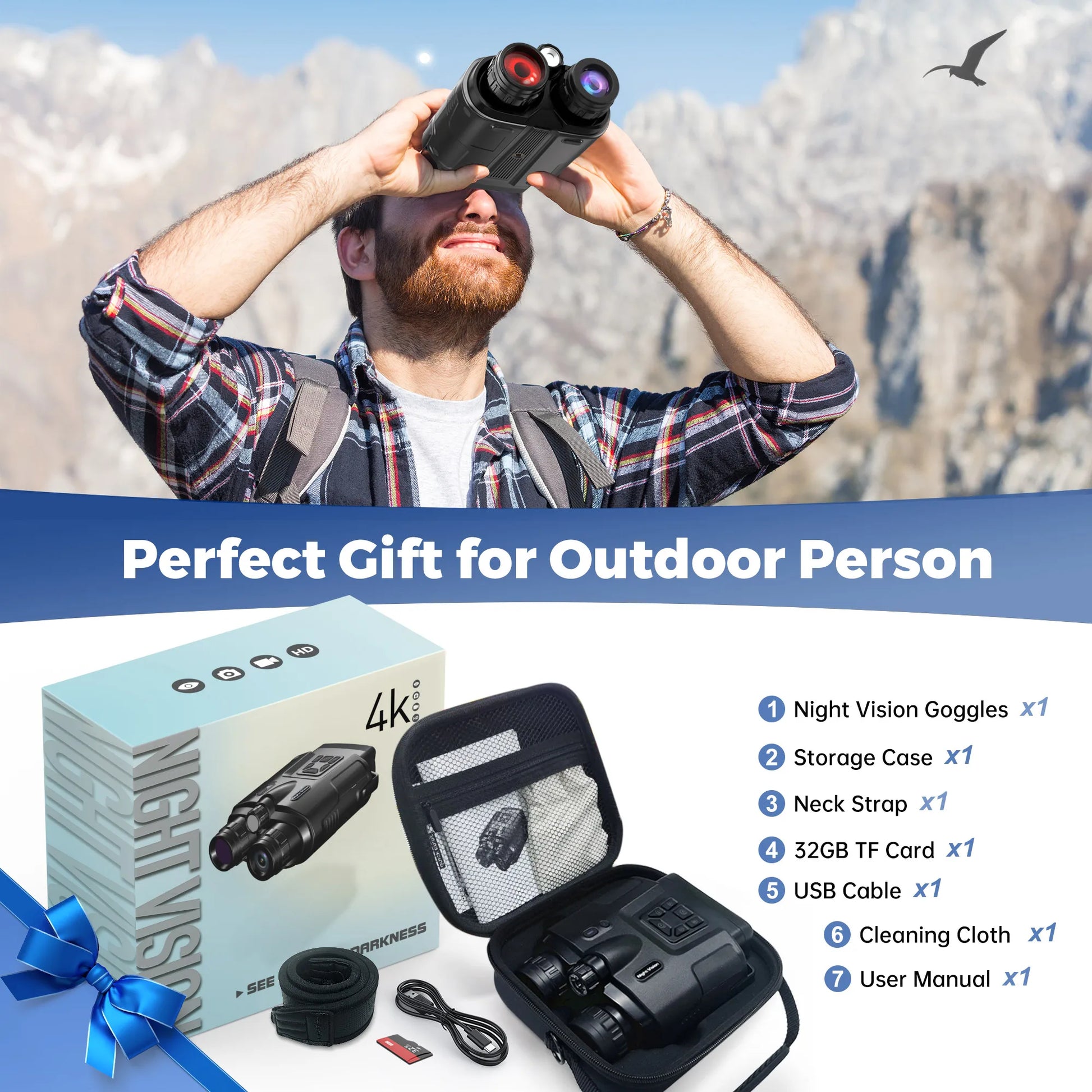 4K Night Vision Binoculars With 3Inch Screen & 8X Digital Zoom with Tactical Light