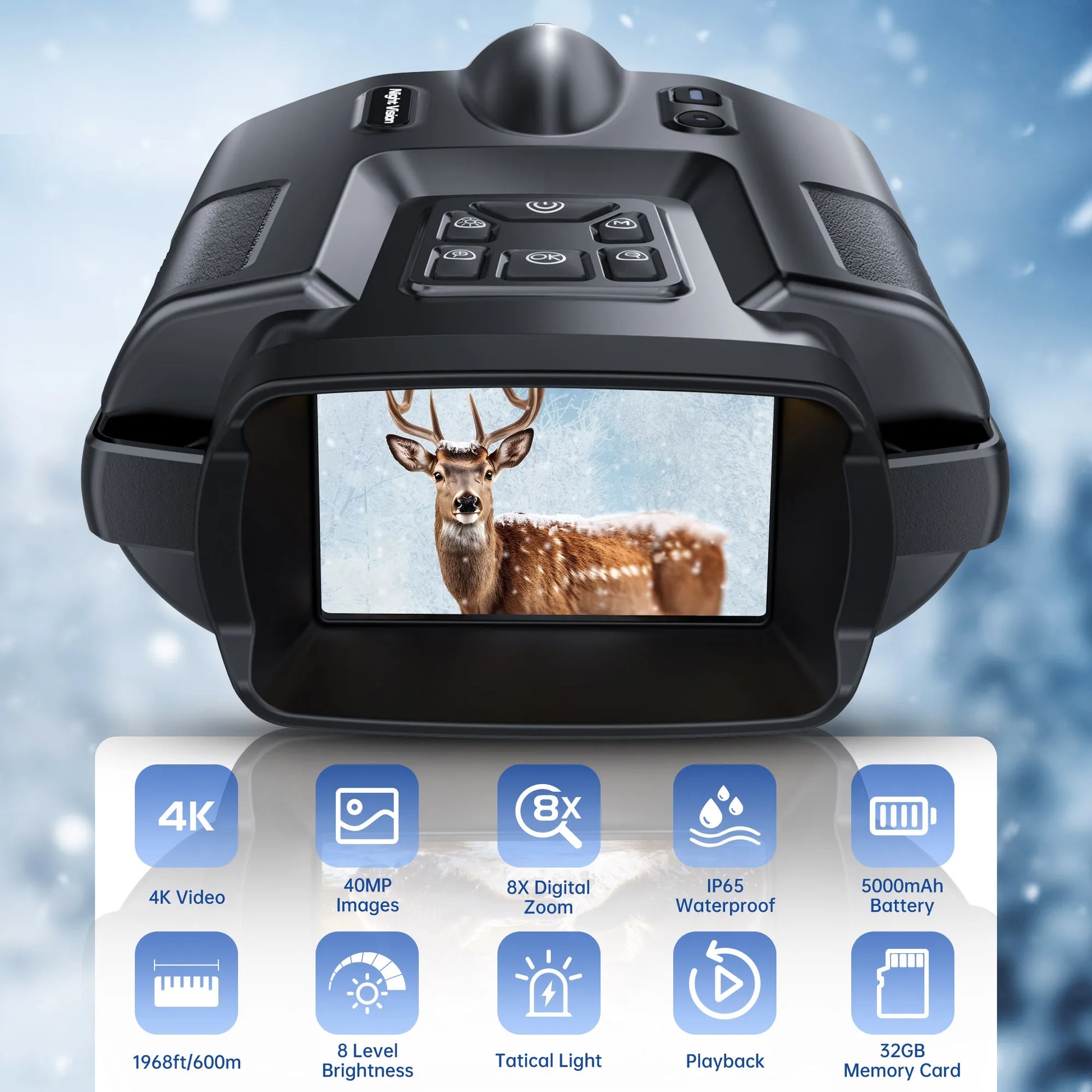 4K Night Vision Binoculars With 3Inch Screen & 8X Digital Zoom with Tactical Light