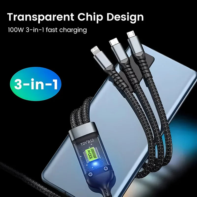 3 in 1 100W Transparent Super Fast Charging Cable Universal with Type C Usb Micro for Iphone Samsung Huawei Xiaomi 6A