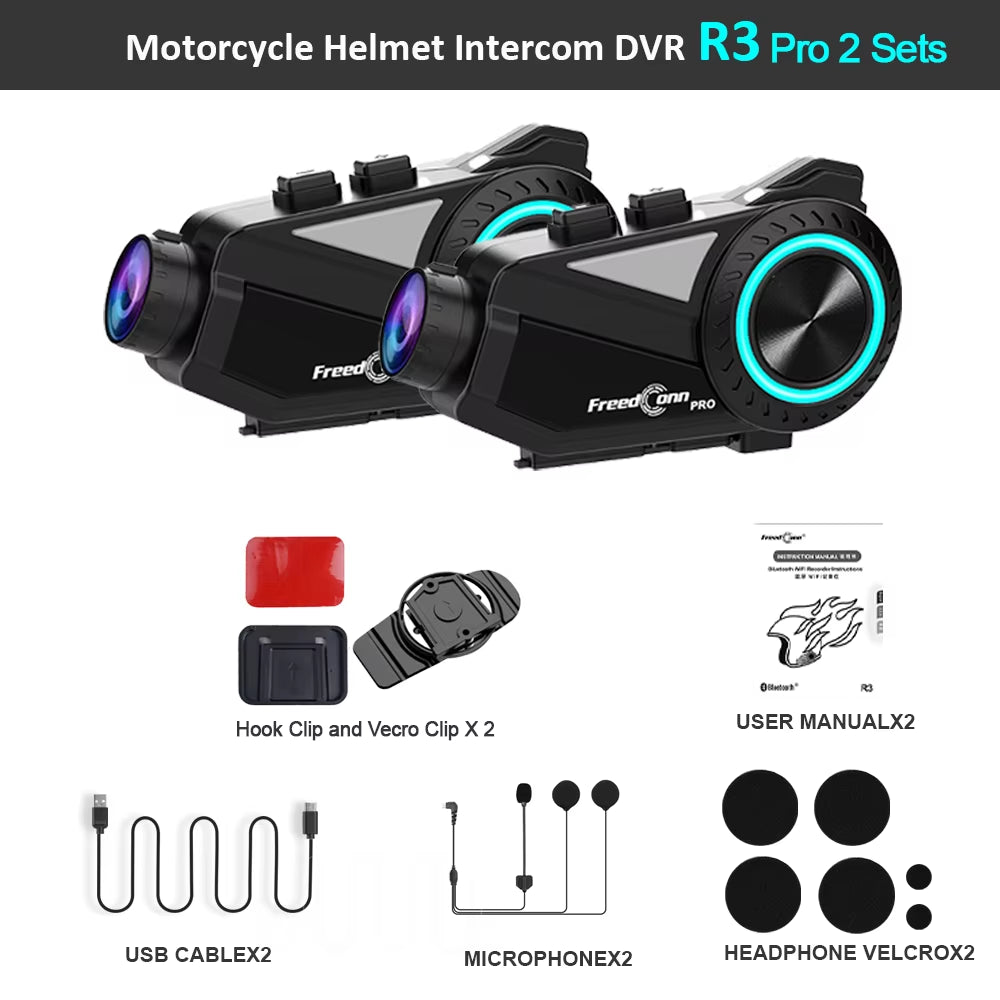 R3 Pro Motorcycle Bluetooth Intercom - Helmet Headset with Camera & App Control