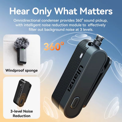 Ulanzi A100 Wireless Microphone - Dual Lavalier Mic Set for Iphone & Android, Real Time Noise Cancelling & LED Display