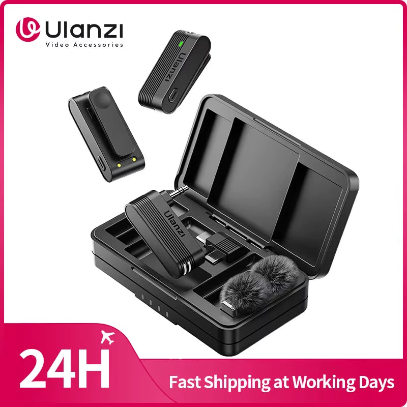 Ulanzi A100 Wireless Microphone - Dual Lavalier Mic Set for Iphone & Android, Real Time Noise Cancelling & LED Display