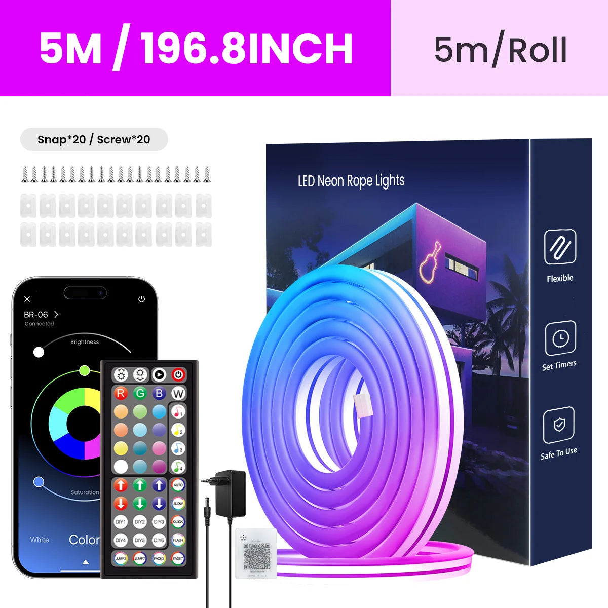 Neon Rope Lights,Flexible Led Rope Lights Control with App/Remote,Multiple Modes Rope Lights,Ip65 Outdoor RGB Led Neon Lights Wa