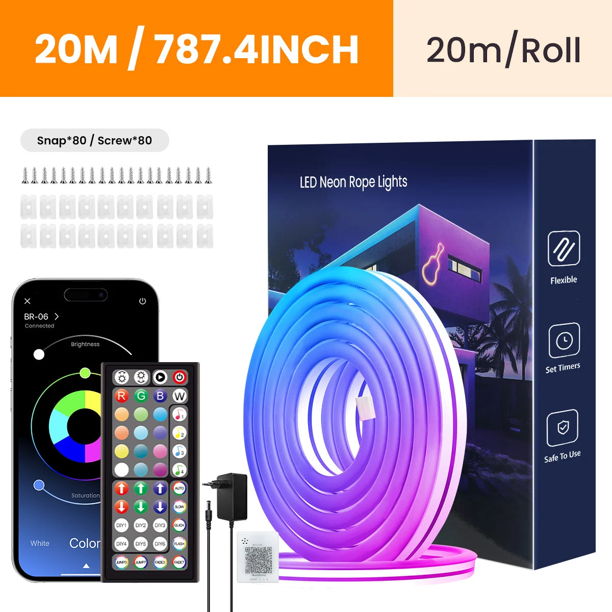 Neon Rope Lights,Flexible Led Rope Lights Control with App/Remote,Multiple Modes Rope Lights,Ip65 Outdoor RGB Led Neon Lights Wa